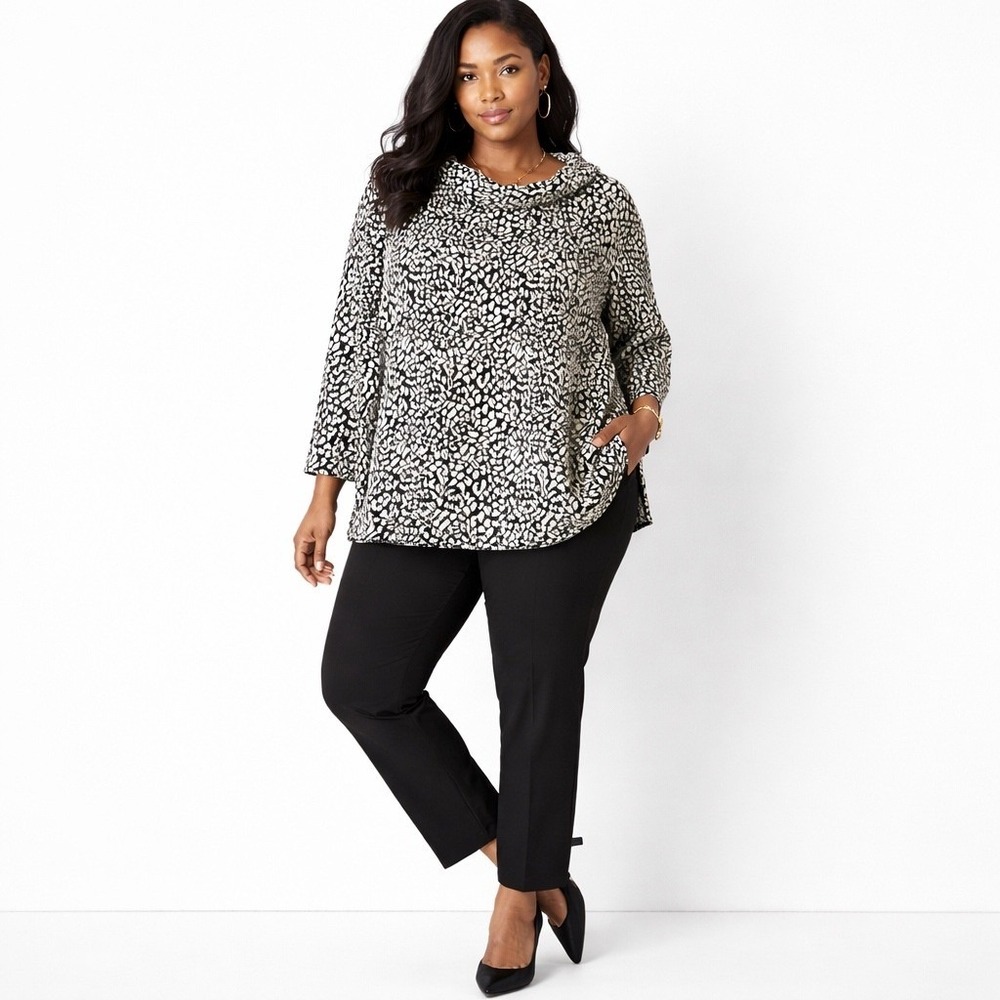 Talbots Plus Womens‎ Black White Animal Print Long Sleeve Collar Top Blouse 3X